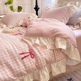 Qfdian  Korean Style Bedding Sets Pink Grid Bow Quilt Cover Romantic Bed Sheet Sets Woman Girls Bedroom Duvet Cover 4pcs