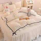 Qfdian Checkered Bedding Set Bed Skirt Ruffle Lace Princess Style Girls Duvet Cover Simple Solid Color Home Textiles Decor Bedroom
