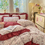 Qfdian  Korean Style Floral Double Gauze Bedding Set 3pcs/4pcs Soft Breathable Cotton Duvet Cover Sheet Girly Dorm Home Textile