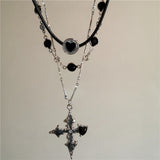 Qfdian Goth Punk Y2K Black Crystal Heart Cross Pendant Necklace Set For Women Vintage Multi Layer Bead Necklaces 90s EMO Charm Jewelry