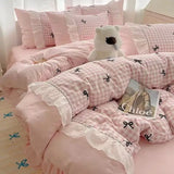 Qfdian  Fashion Lattice Bedding Set Bed Sheet Cute Princess AB Double Sided Ruffle Flower Quilt Cover Pillowcase Bedclothes Home Textile