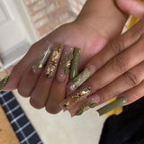 Qfdian  24Pcs Long Coffin False Nails Pink French Flowers Design Fake Nail with Butterfly Rhinestone Wearable Ballet Press on Nails
