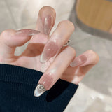 Qfdian  10pcs Nude Pink Gradient Press on Nails Glossy Crystal Cat Eye Nail Gentle Rhinestone False Nails Cream French Almond Fake Nails