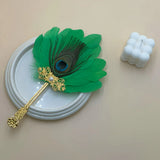Qfdian  Vintage Feather Handheld Fan in Gold with Peacock Feathers An Elegant Fan Suitable for Weddings Formal Events