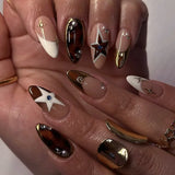 Qfdian  24pcs Colorful Five-pointed Star Press On Nails Red Stripes French Style Y2k Fake Nails Yellow Almond European Fake Nail Tips