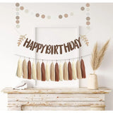 Qfdian  Brown Neutral Happy Birthday Banners with Green Leaf  Decorations Beige Boho Paper Tassels Circle Garland  Hanging Streamers