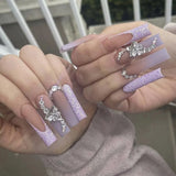 Qfdian 24Pcs Extra Long Square Fake Nail with Glue 3D Little Bear Bow Design False Nails White French Press on Nails Wearable Manicure