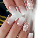 Qfdian 24Pcs Nude White French Fake Nail Short Square Nail Tips Fashion Wearable False Nails with Glue Simple Full Cover Press on Nails