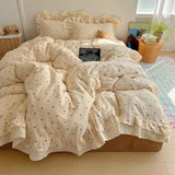 Qfdian  Korean Princess Style Bed Linen Set Bowknot Print Ruffles Duvet Cover Pillowcase Bedsheet Bedclothes Home Soft Bedding Set