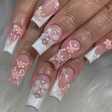 Qfdian 24Pcs Pure White French Press on Nails Long Square Head False Nails with Pearl Pink Bow Design Ballet Wearable Fake Nails