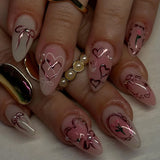 Qfdian  24pcs Sweet Cool Almond False Nails Y2k Red Ins Cherry Flower Bowknots Printed Press On Nails French Style Detachable Fake Nail