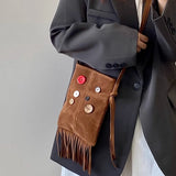Qfdian Japanese Vintage Tassel Shoulder Bag Y2k Aesthetic Fashion Women Button Mini Cellphone Bags Casual Kawaii Ins Handbags Crossbody