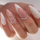 Qfdian  24pcs Long Stiletto Press on Nails Hot Girl Almond False Nails Nude Flower Rhinestones Full Cover Fake Nail Finished Manicure