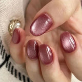 Qfdian 24Pcs Simple False Nails with Glue Short Almond Fake Nails Glitter Aurora Round Head Full Cover Nail Tips Oval Press on Nails