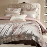 Qfdian Flower Jacquard Color Blocking Luxury Bedding Set Lyocell Cotton Soft Silky Duvet Cover Flat/Fitted Bed Sheet Pillowcases 4Pcs