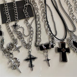 Qfdian  Punk Rock Black Heart Cross Pendant Chain Necklace For Men Women Cool Hip Hop Street Vintage 90s Y2K Grunge Goth Accessories