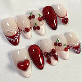 Qfdian  24pcs Red Cat Eye Press on Nails Pearl Heart Stick on Nails Bow French Fake Nails Sweet Cute Flower Nail Almond 3D False Nail