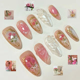 Qfdian  24pcs Pink Spring Summer Nail Art French Edge Fake Nails Sweet Pearl Star Shell False Nails 3D Flower Press on Nails Almond Nail