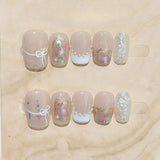 Qfdian  10pcs Rose Girl Press on Nails Sweet Pearl Bowknot False Nails Cat Eye Gold Foil Acrylic Fake Nails French Short Square Nail Art