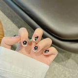 Qfdian 10Pcs Handmade Press On Nails Full Cover Cat Eye Black Flower Design French Short Ballerina Fake Nail Wearable Manicure Nail Tip