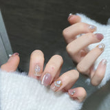 Qfdian  10Pcs French Pearls Press on Nails Short Square Fake Nails Pink Heart Star False Nails Cat Eye Glitter Diamond Acrylic Nail Art