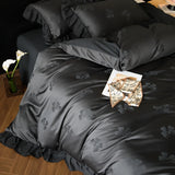 Qfdian  Jacquard Duvet Cover Set with Lace Washed Cotton Queen/King Size Black Comforter Cover housse de couette 220x240 Luxury Bedding