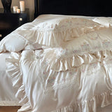 Qfdian 800TC Lyocell Bamboo Fiber Soft Silky Bedding Set Rose Floral Embroidery Lace Ruffles Duvet Cover Flat/Fitted Sheet Pillowcases