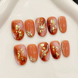 Qfdian  10pcs Handmade Press On Nails Smudging Orange Shiny Gold Foil Designs Fake Nails Court Style Japenese False Nail For Women Girls