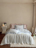 Qfdian French Lace Ruffles Princess Wedding Bedding Set Pure Cotton Double Layer Yarn Soft Duvet Cover Flat/Fitted Bed Sheet Pillowcase
