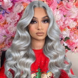 Qfdian Silver Wig Loose Curly Synthetic Lace Wig Silver Grey Lace Front Wig Glueless Long Grey Curly Hair Lace Frontal Wigs for Women