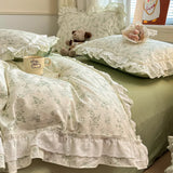 Qfdian Princess Style Lace Ruffles 100% Cotton Bedding Set Floral Pastoral Style Duvet Cover Flat/Fitted Bed Sheet Pillowcases 3/4Pcs