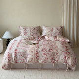 Qfdian  Vintage French Floral Lyocell Bedding Set with Bow Ties, Silky Soft Cooling Bed Linen Set, Pink Flower Print for Girls Bedroom
