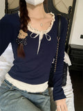 Qfdian  Fashion Bowknot Long Sleeve T-Shirts Women Korean Style Ruffles Collar Patchwork Tees Shirts New Stretch Cropped Tops Shirt