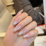 Qfdian  10pcs Nude Pink Gradient Press on Nails Glossy Crystal Cat Eye Nail Gentle Rhinestone False Nails Cream French Almond Fake Nails
