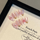 Qfdian  10pcs Glossy Pink Press On Nails Handmade Flash Cat's Eye False Nails 3D Flower Golden Edge Designs Fake Nail Tips For Women