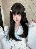 Qfdian 22Inch Black Lolita Hime Cut Synthetic Wigs with Bang Long Natural Straight Hair Wig for Women Daily Use Cosplay Heat Resistant