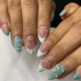 Qfdian 24Pcs 3D Green Ripple Design False Nails Cat's Eye French Almond Fake Nail Tips Leaves Pattern Removable Oval Press on Nails
