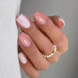 Qfdian 24Pcs Shiny Pearl Wearable False Nails Short Square Fake Nail Simple Summer Press on Nails Detachable Full Cover Nail Tips