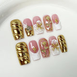 Qfdian  10pcs Luxury Gold Press on Nails 3D Flower False Nails Pearl French Manicure Handmade Fake Nail Tips Square Medium Nail Stickers