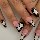 Qfdian  24pcs Blue Plaid Gradient Fake Nails Phototherapy French Tips Y2k Style Press On Nails Long Almond Cool Stars False Nail Patches