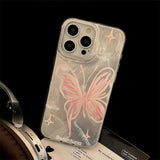 Qfdian Pink Butterfly Laser Phone Case For Apple IPhone 15 11 13 14 12 Pro Max 16 Plus SE2 3 X XR XS Max 8 7 Plus Lens protection Cover