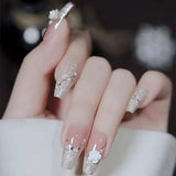 Qfdian 10Pcs White French Design Handmade Press On Nails with Flower Wearable False Nails Full Cover Fake Nails Tips Artificial Manicur