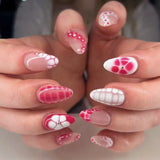 Qfdian  24pcs Sweet Pink Flower Press On Nails Glossy Short Almond Full Cover Stick-on Nails Gold Stripe Blush Artificial False Nails