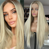 Qfdian Ombre Lace Front Wig Long Straight Synthetic Wig Brown Blonde Highlight Colored Hair 13X4 Frontal Wigs for Women Party Cosplay