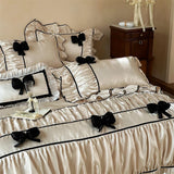 Qfdian  Vintage French Ruffled Ruffles Bow Bedding Set Silky Brocade Egyptian Cotton Duvet Cover Flat Bed Sheet Pillowcase 4/5Pcs