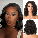 Qfdian Short Black Wavy Wig for Women Synthetic Lace Front Wig 12 Inch Shoulder Length Side Part Bob Curly Wig 13x4 Frontal Daily Use