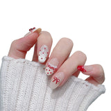 Qfdian Handmade Press on Nails Red Dot Bow Design Sweet Girl Fake Nails Detachable Wearable Short Round French False Nails for Girls