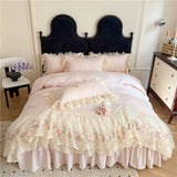 Qfdian  4Pcs Princess Wedding Bedding Set Korean Style Lace Flowers Embroidery Duvet Cover Bed Sheet/Fitted Sheet/Bed Skirt Pillowcases
