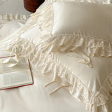 Qfdian  Vintage French Lace Ruffles Bow Bedding Set 60S Lyocell Cotton Soft Silky Duvet Cover Set Flat Bed Sheet Pillowcases 4Pcs