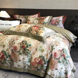Qfdian 1000TC Egyptian Cotton Vintage Oil Painting Style Flowers Print Bedding Set Duvet Cover Flat/Fitted Bed Sheet Pillowcase 4Pcs